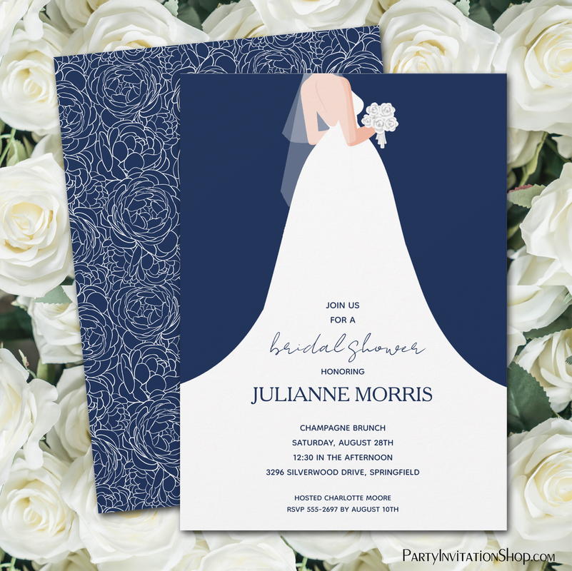 Wedding Gown on Navy Blue Bridal Shower Invitations