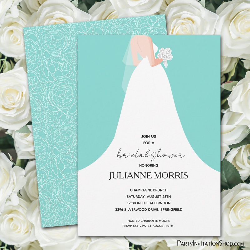 Wedding Dress on Turquoise Bridal Shower Invitations