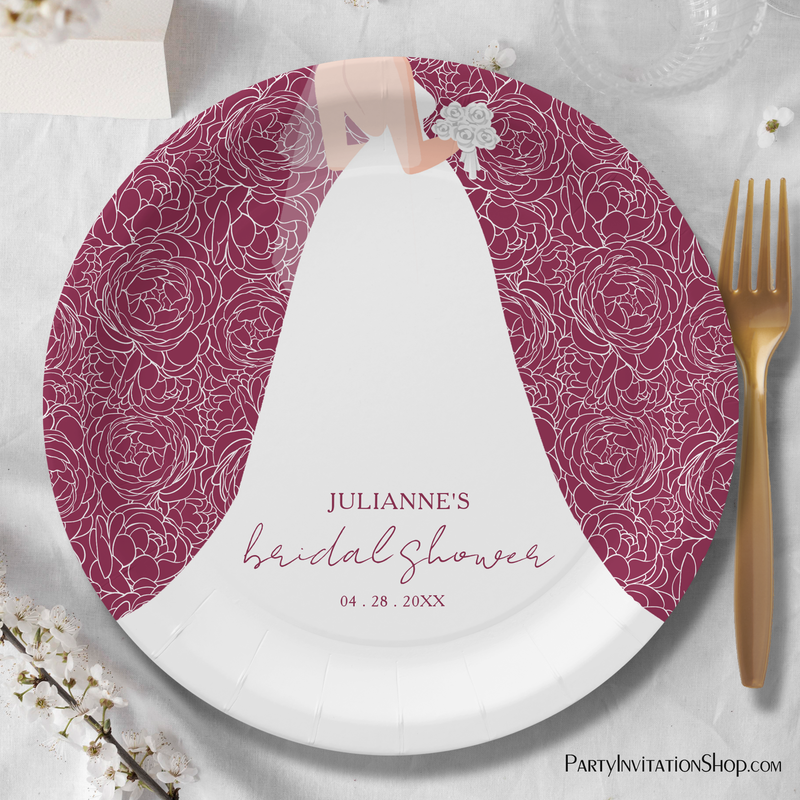 Elegant Bride on Cranberry Bridal Shower Paper Plates