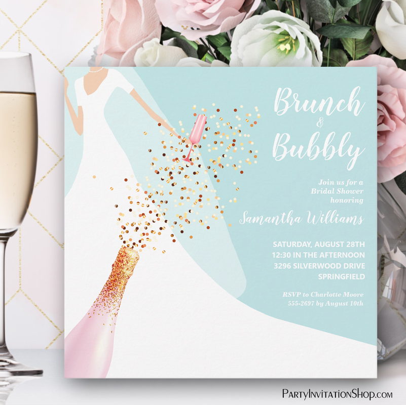Brunch and Bubbly Turquoise Blue Bridal Shower Invitations