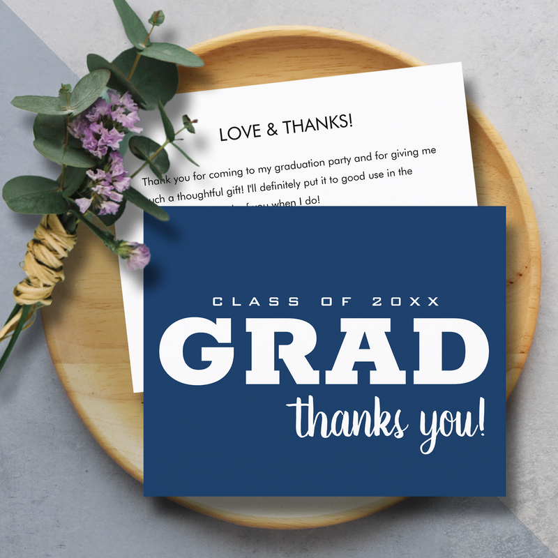 Budget Blue and White Grad Thank You Note