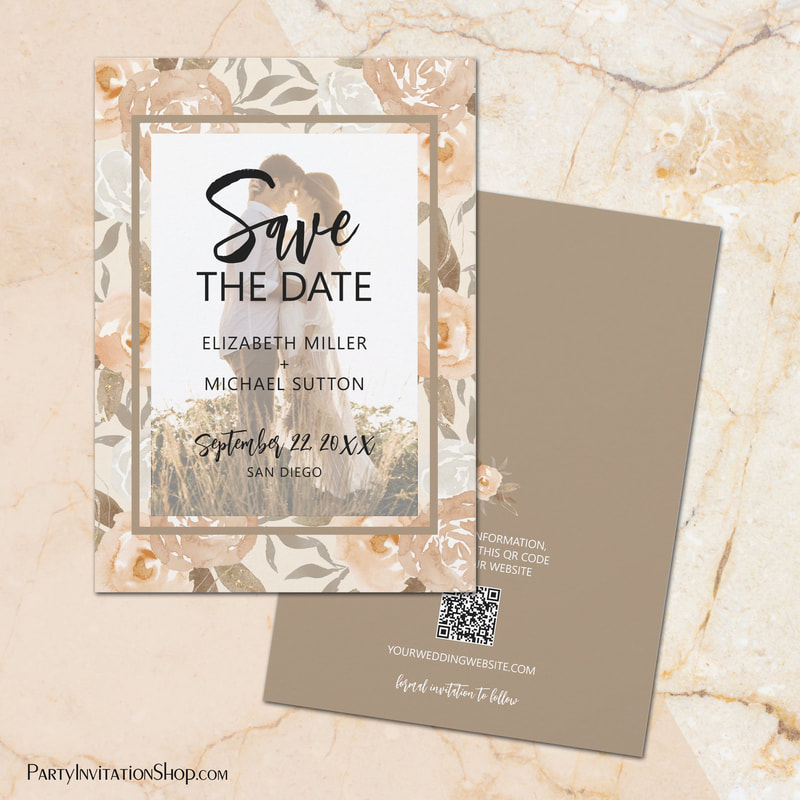 Photo QR Code Floral Wedding Save The Date Cards