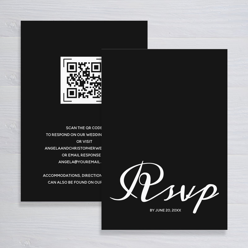 Budget Simple Black White Wedding RSVP QR Code Enclosure Cards