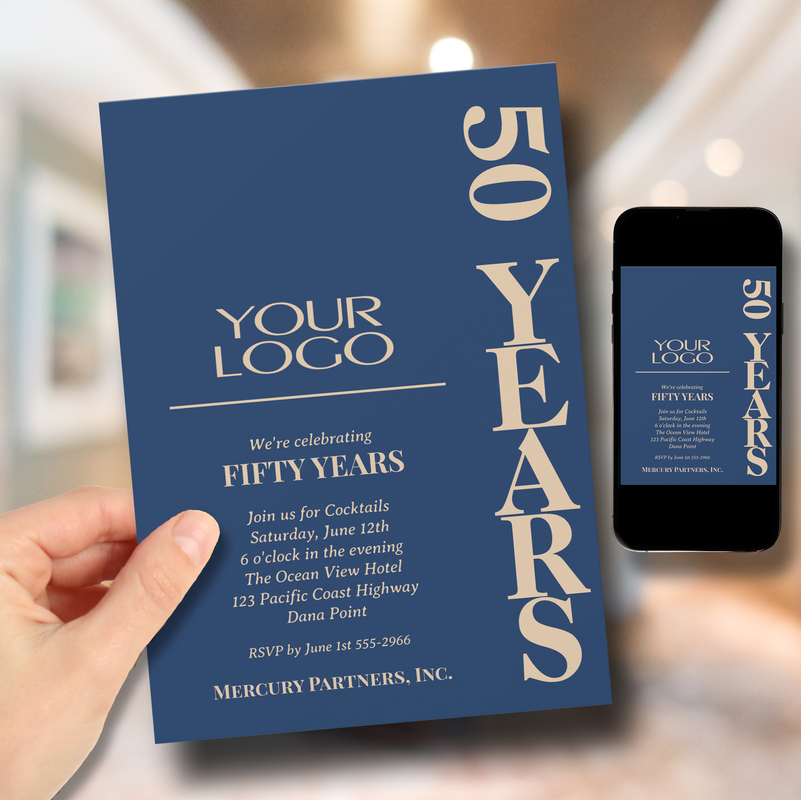 Business Logo Anniversary Navy Blue and Gold Invitations