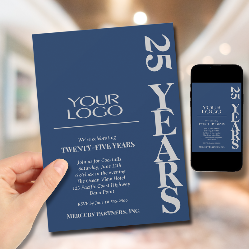 Business Logo Anniversary Navy Blue and Silver Invitations