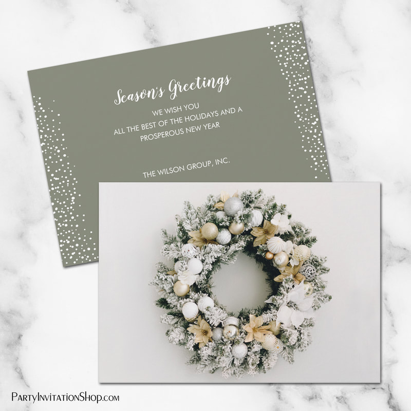 White Gold Christmas Wreath Business Holiday Cards