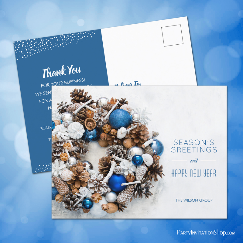 Blue White Pine Wreath Business Thank You Christmas Cards