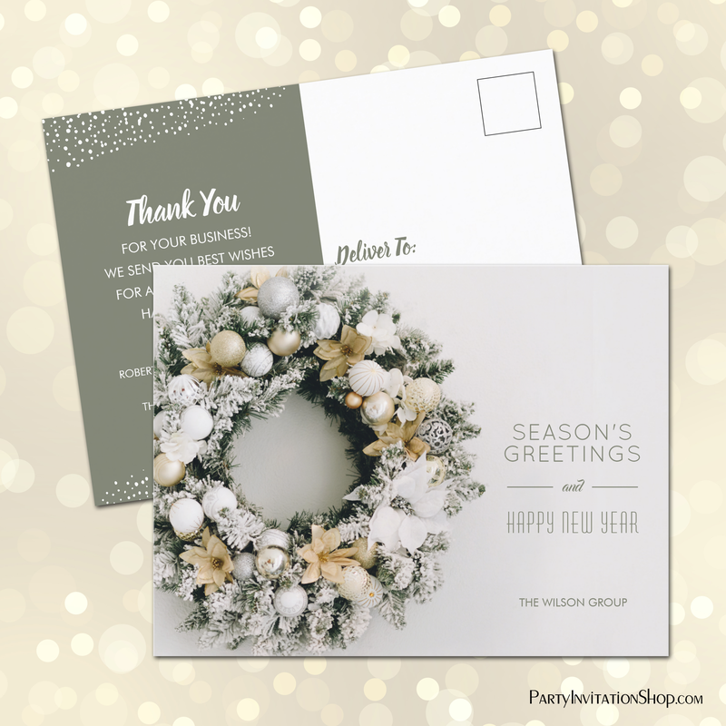 White Gold Wreath Christmas Holiday Thank You Postcards