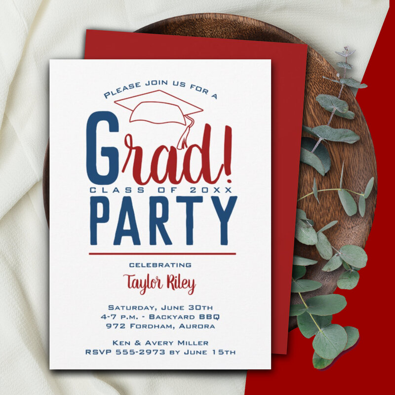 Cardinal Red and Navy Graduation Party Invitations