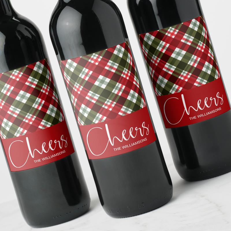 Cheers Holiday Christmas Plaid Wine Label