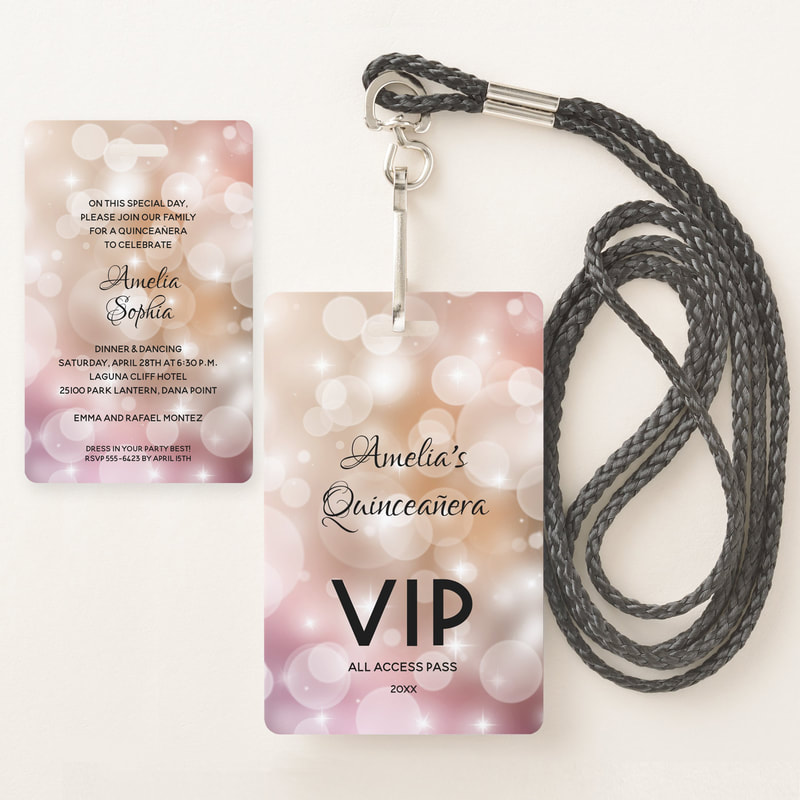 Blush Pink Quinceañera Birthday Invitation VIP Pass Lanyard Badge
