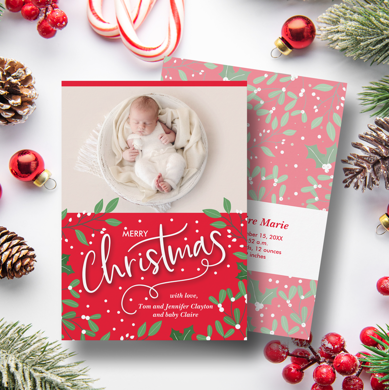 Christmas Greenery Red Photo Birth Announcements