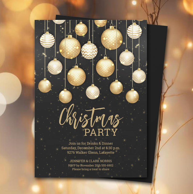 Christmas Ornaments Black and Gold Invitations