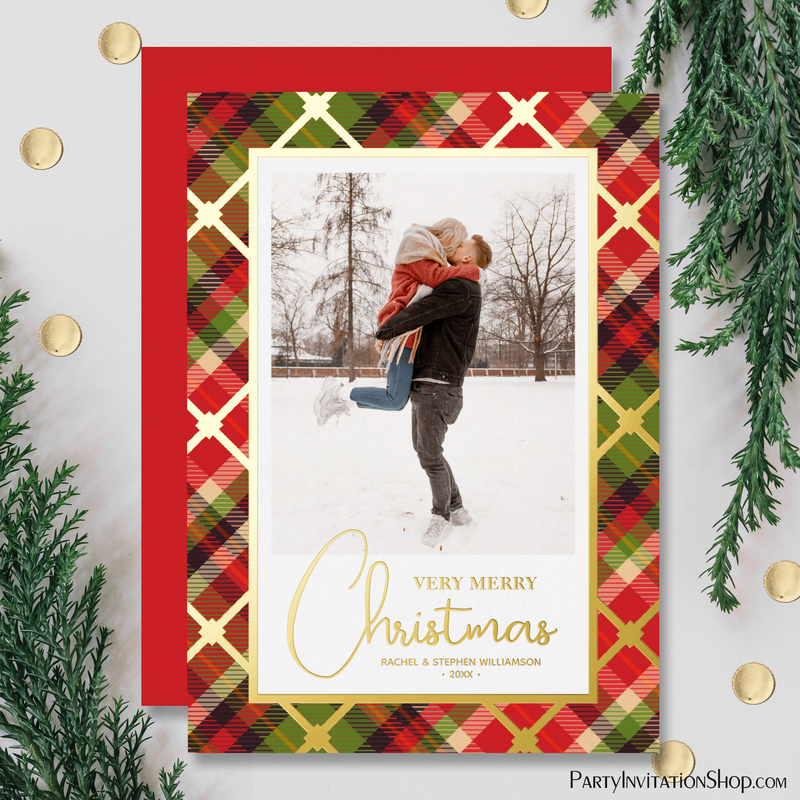 Christmas Plaid Gold Foil Holiday Photo Cards