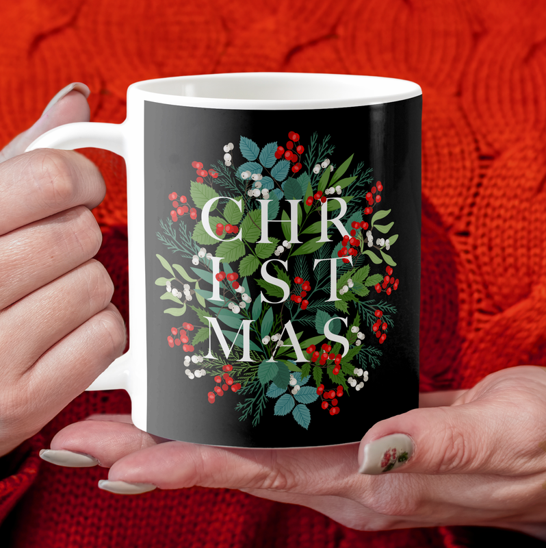 CHRISTMAS Typography Berries and Greenery Coffee Mug