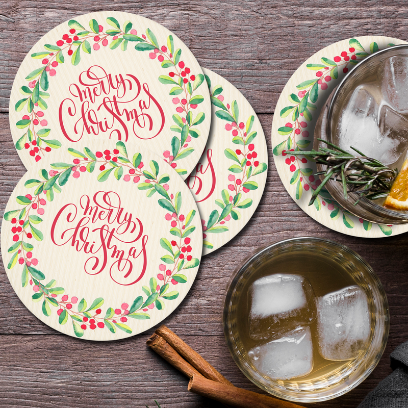 Elegant Merry Christmas Greenery and Berries Round Paper Coasters