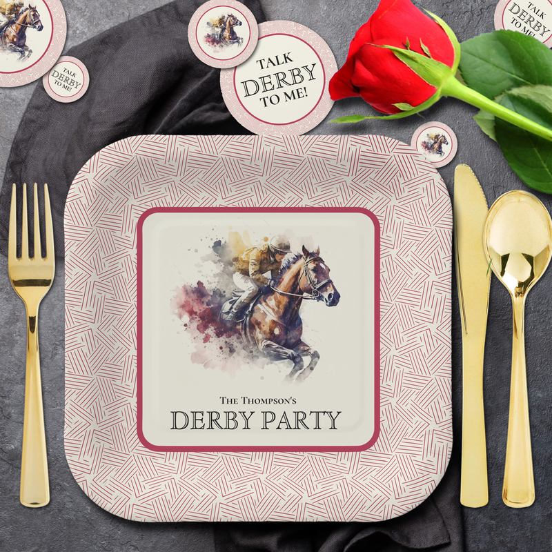 Watercolor Race Horse Derby Red Square Paper Plates