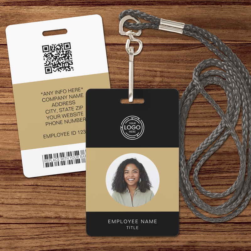 Employee Photo, Logo, Bar Code, Name ID Badge - Black and Gold