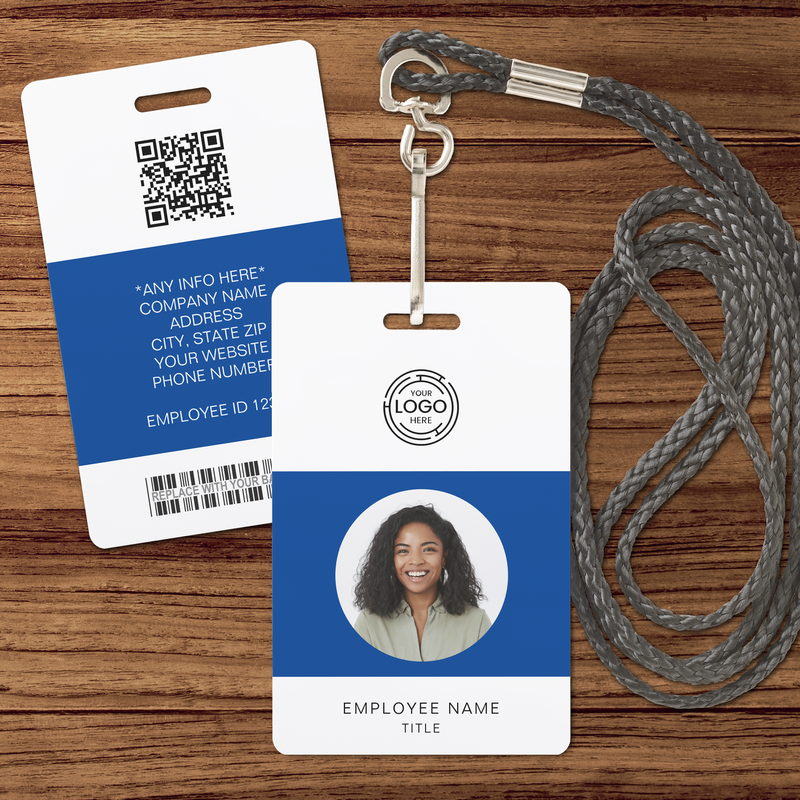 Blue Employee Photo, Logo, Bar Code, Name ID Badge