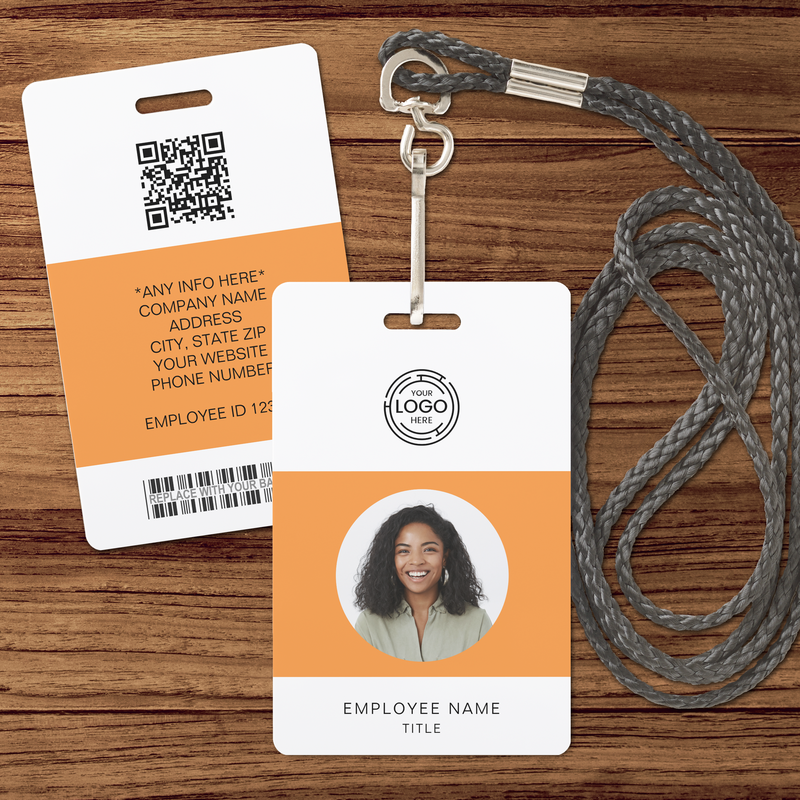 Orange Employee Photo, Logo, Bar Code, Name ID Badge