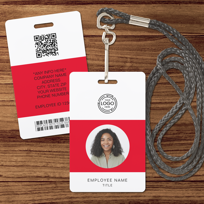 Red Employee Photo, Logo, Bar Code, Name ID Badge