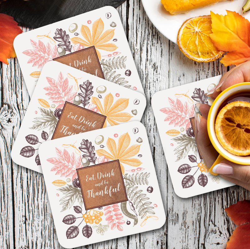Fall Autumn Thanksgiving Botanicals Square Paper Coasters