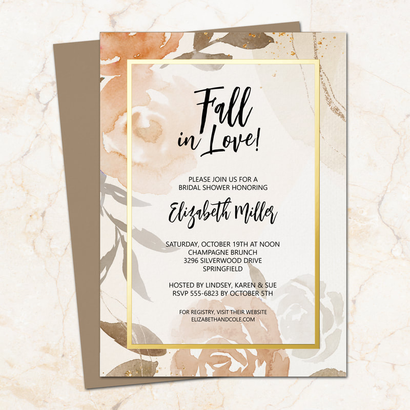 Fall in Love Floral Real Gold Foil Border Bridal Shower Invitations