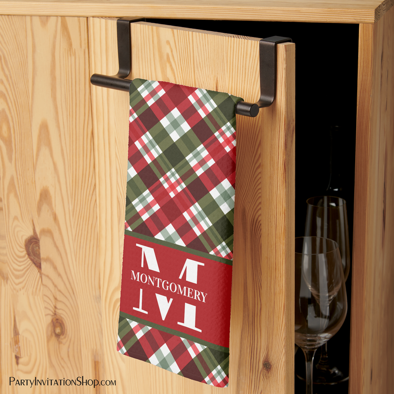 Family Monogram Christmas Plaid Kitchen Towel