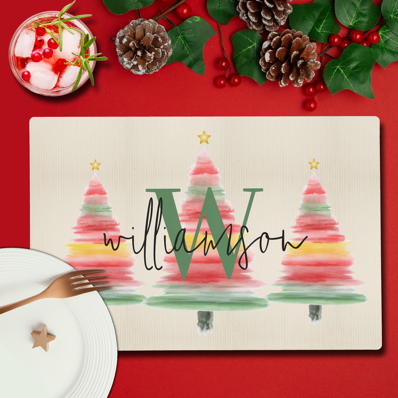 Family Monogram Watercolor Christmas Tree Laminated Placemat