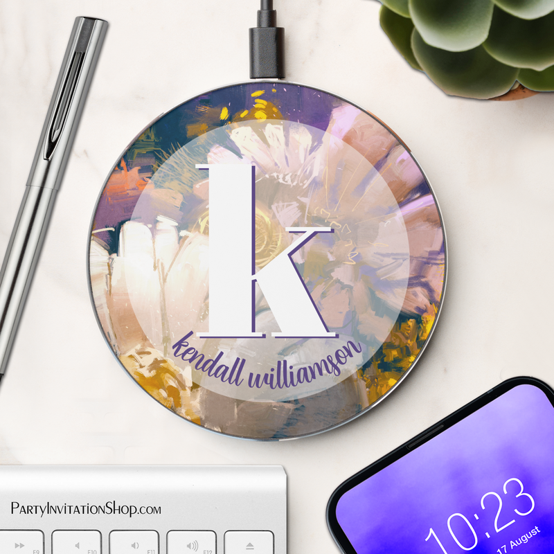 Floral Painting Personalized Name and Monogram Wireless Phone Charger