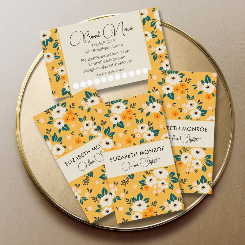 Flowers on Gold Salon Hair Stylist Makeup Loyalty Business Cards