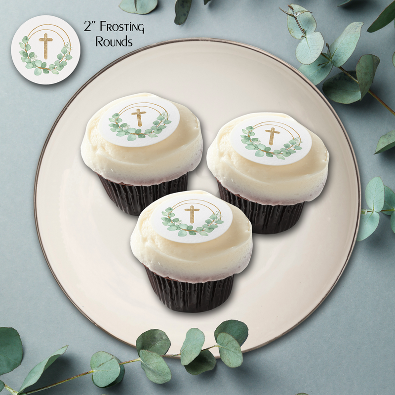 Eucalyptus Gold Cross First Communion Edible Frosting Rounds