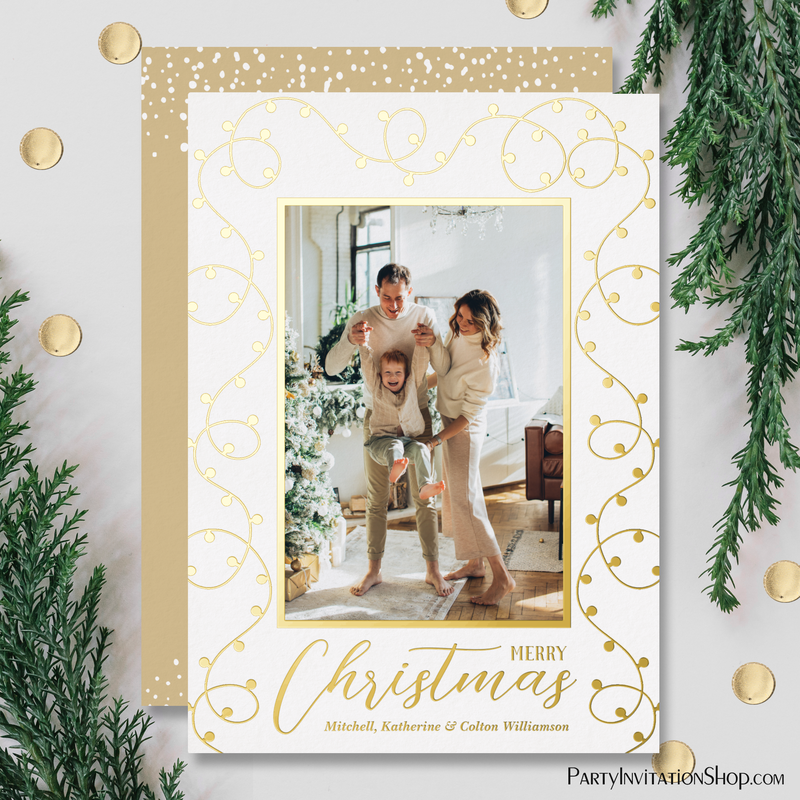 Gold Foil Christmas Light Strands Holiday Photo Cards