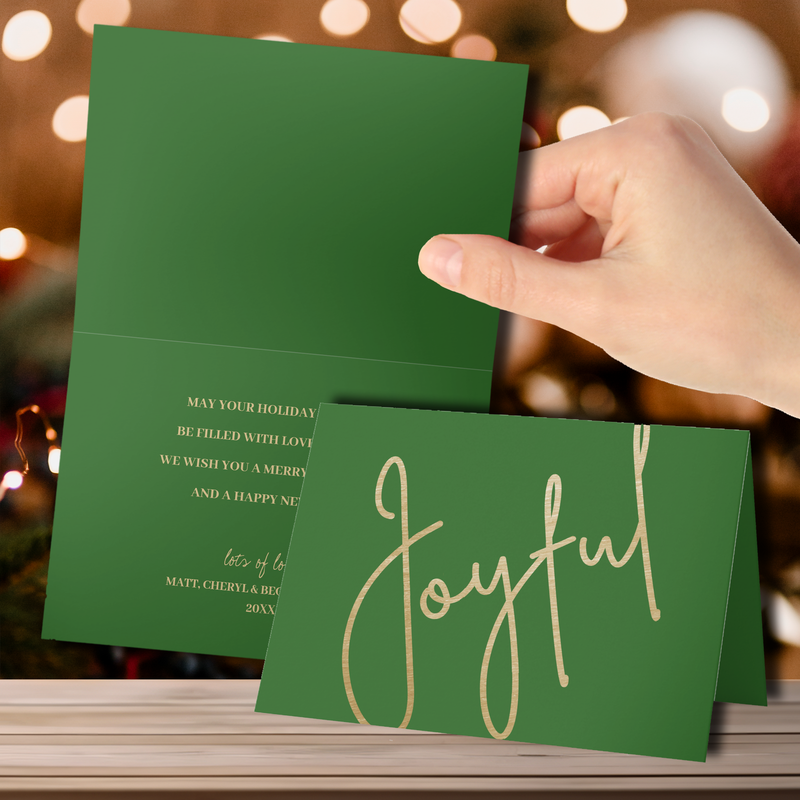 Gold Joyful on Green Folded Christmas Cards