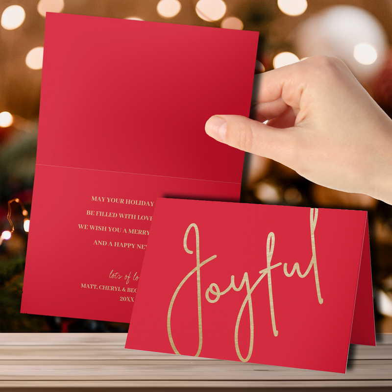 Gold Joyful on Red Folded Christmas Cards