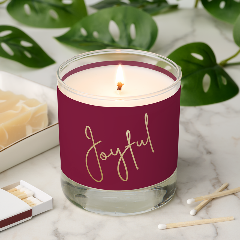 Gold JOYFUL Script on Cranberry Scented Candle