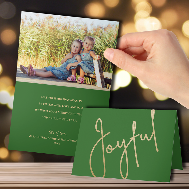 Gold Joyful on Green Folded Photo Christmas Cards