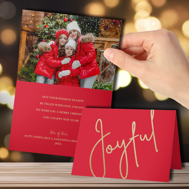 Gold Joyful on Red Folded Photo Christmas Cards