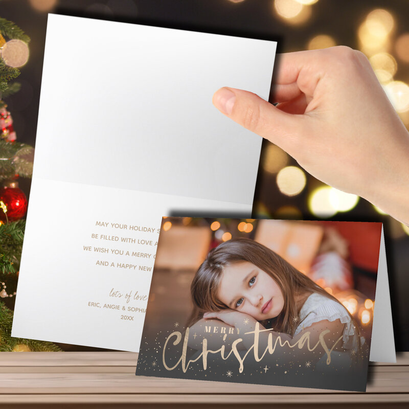 Gold Merry Christmas Folded Photo Holiday Cards
