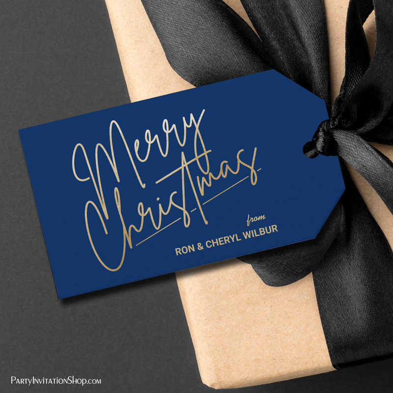 Gold Merry Christmas on Blue Gift Tags