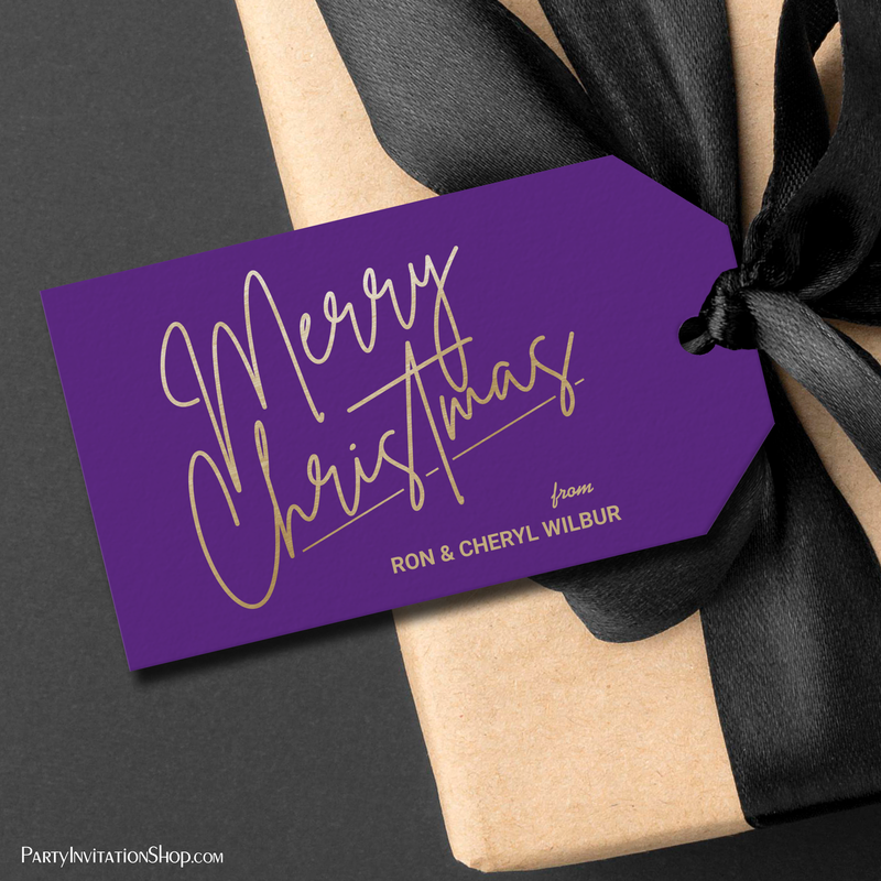 Gold Merry Christmas on Purple Gift Tags