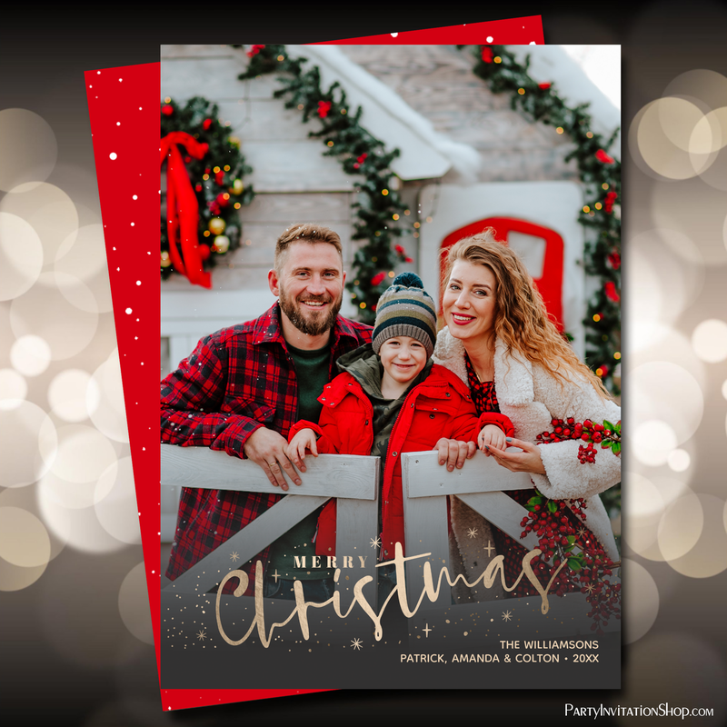 Gold Script Merry Christmas Photo Holiday Cards