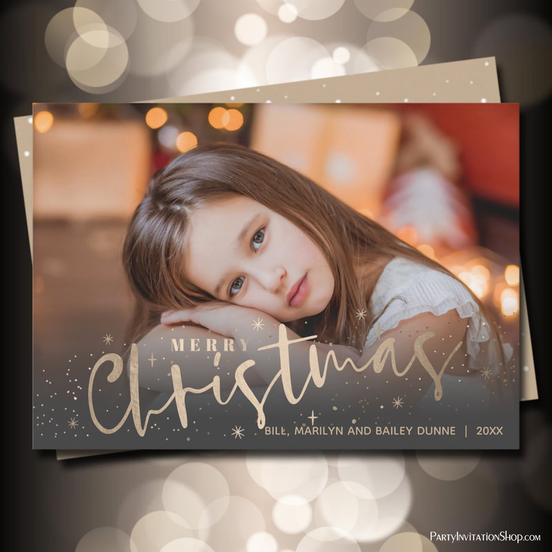 Gold Merry Christmas Photo Holiday Cards
