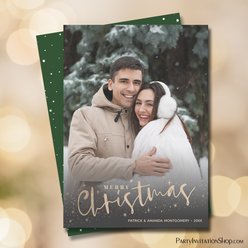 Gold Script Merry Christmas Photo Holiday Cards
