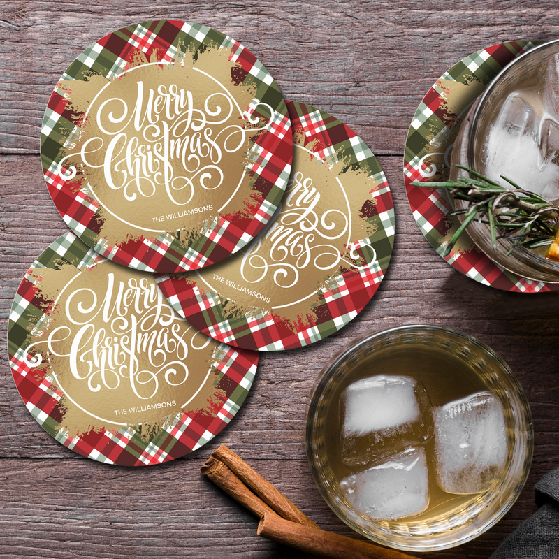 Gold Merry Christmas Plaid Round Paper Coasters