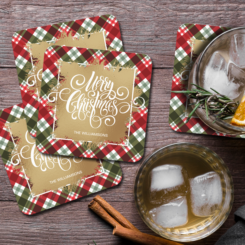 Gold Merry Christmas Plaid Square Paper Coasters
