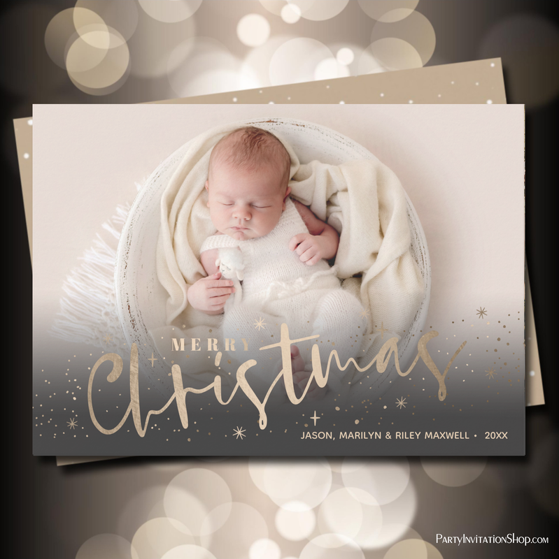 Gold Merry Christmas Baby Photo Holiday Cards