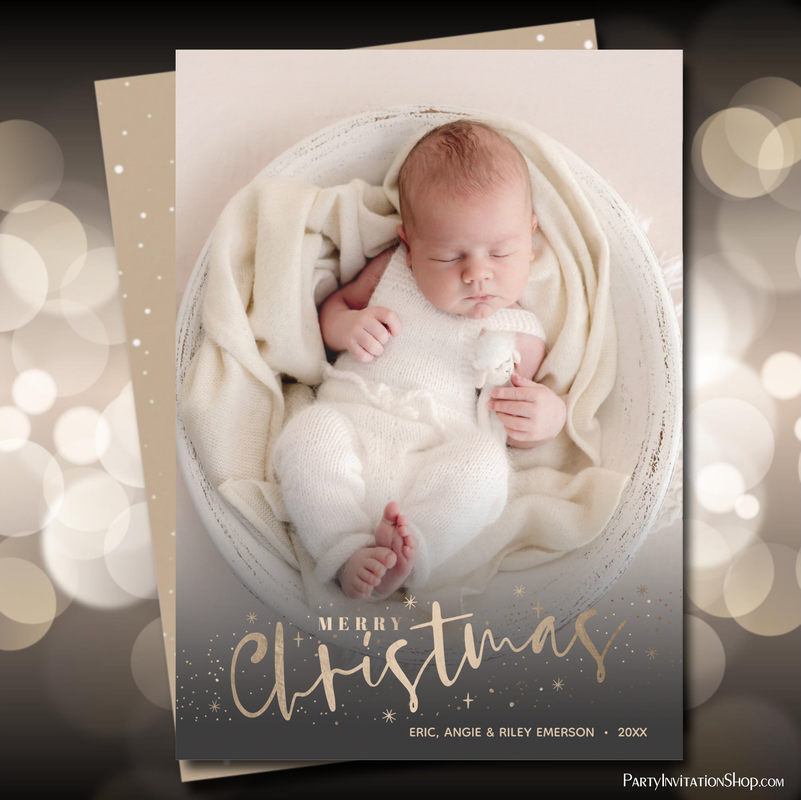 Gold Merry Christmas Baby Photo Holiday Cards