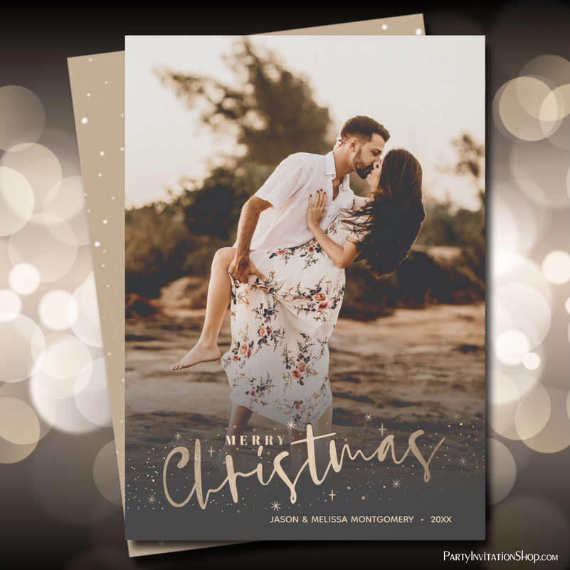 Gold Merry Christmas Baby Couples Photo Holiday Cards