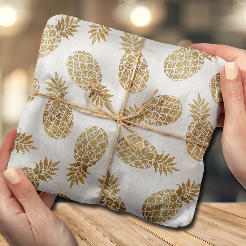 Chic White Gold Pineapples Tropical Tissue Paper